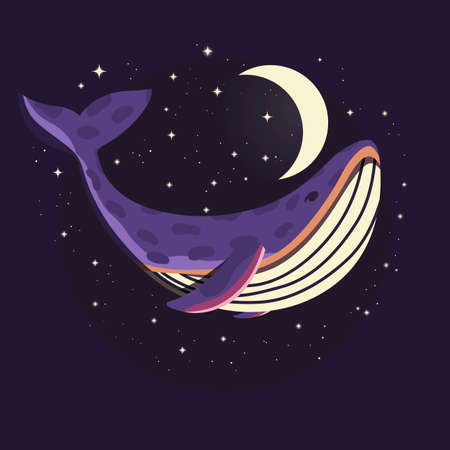 夜の星空、カールの波から飛び出す鯨落書き Zentangle 要素